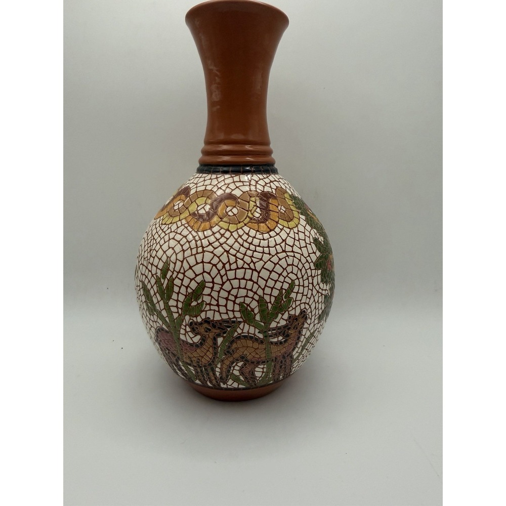 Vintage Mosaic Style Ceramic Vase Tree of Life Gazelle Deer Art Pottery 9"